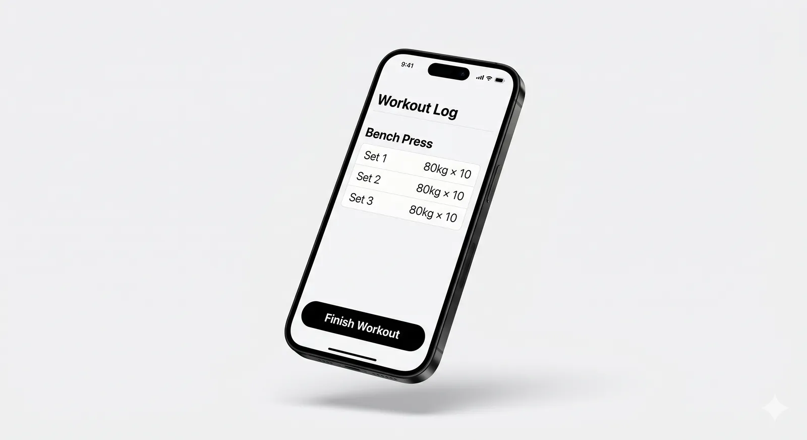 Workout Log app showing a bench press exercise with 3 sets logged on an iPhone