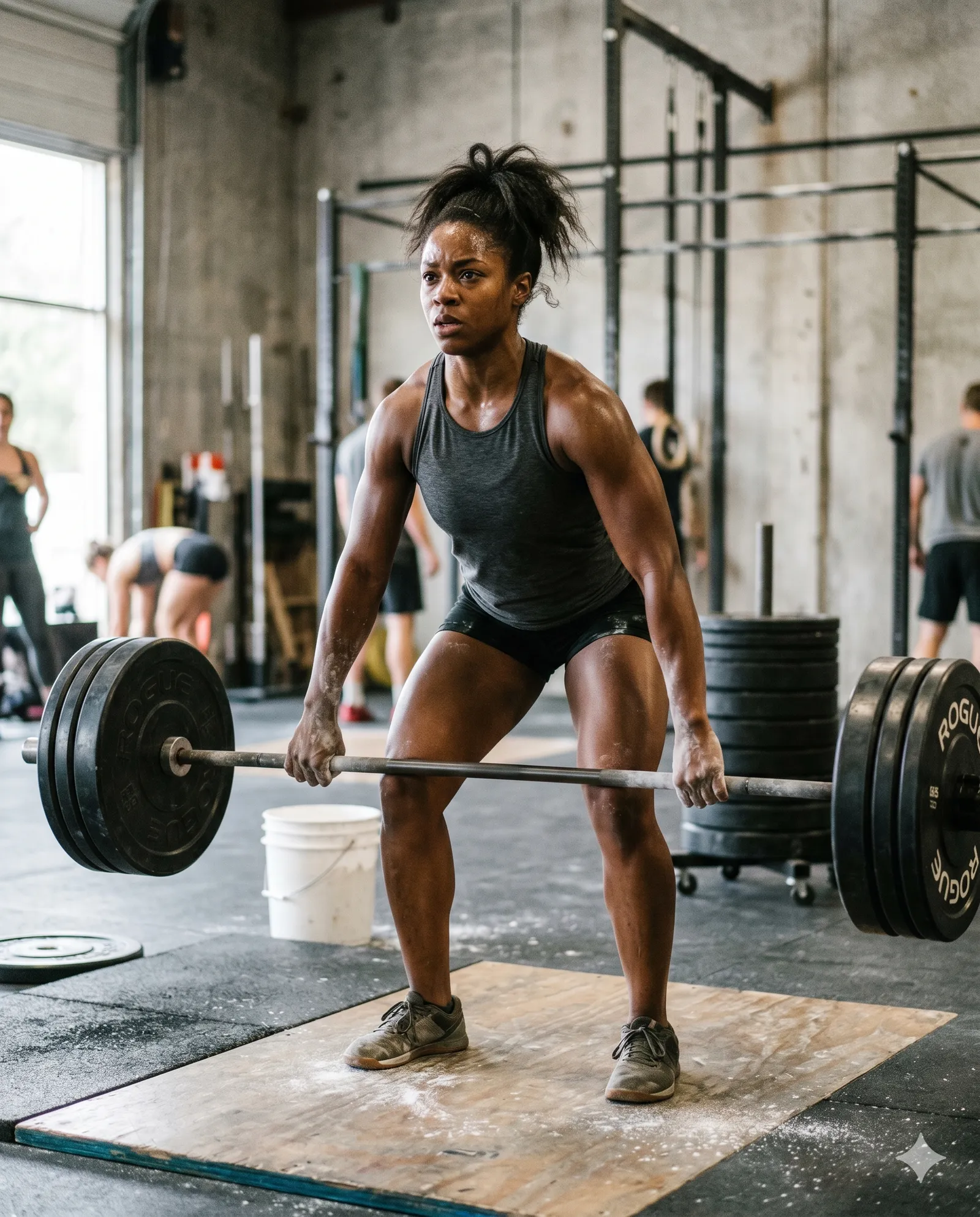 Woman performing deadlifts in a CrossFit gym