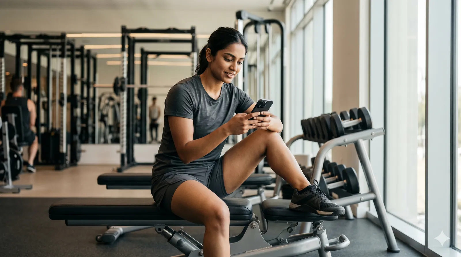 Person resting between sets at the gym while checking workout progress on their phone