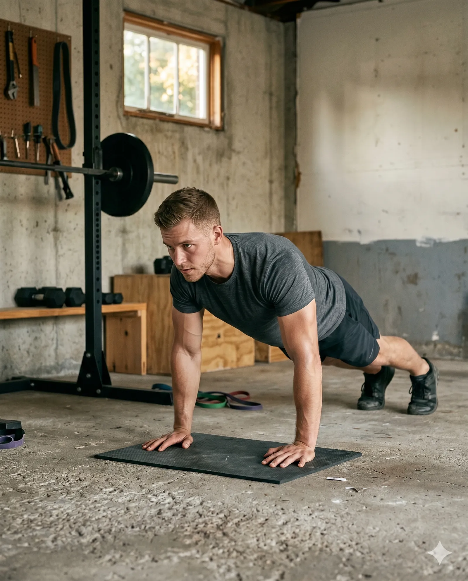 Man doing push-ups in a home garage gym