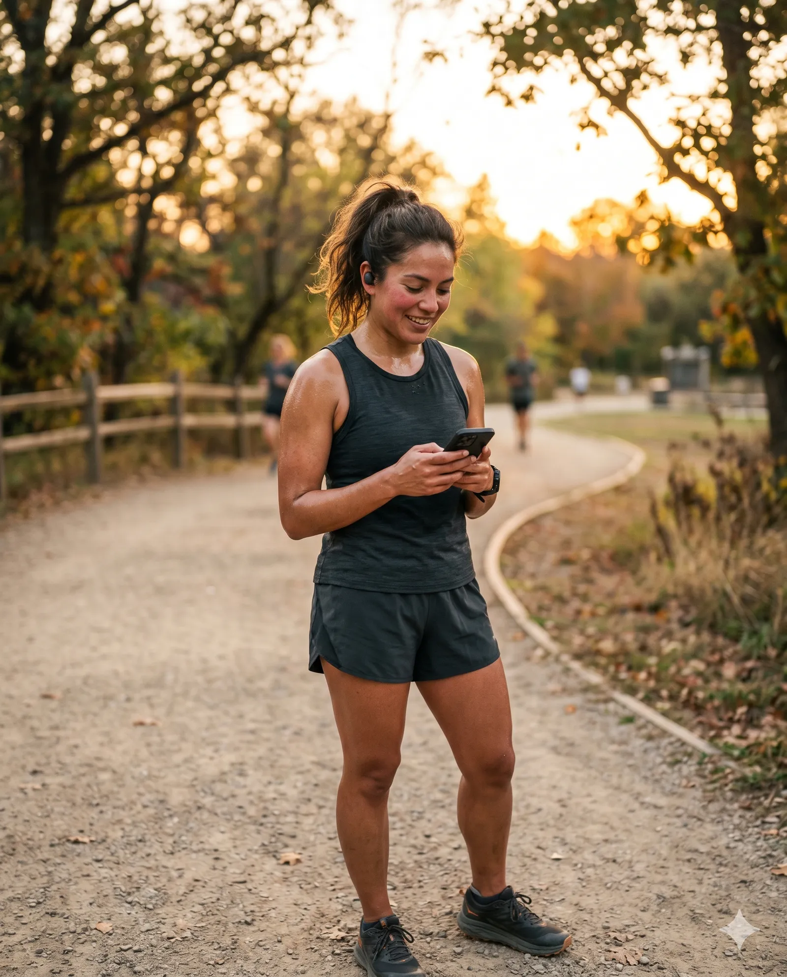 Runner checking phone after outdoor workout in a park